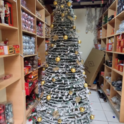 Árbol navideño plegable nevado de 2.1m decorado dorado