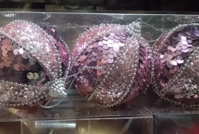 Bolas decoradas x3 8cm rosado con lentejuelas