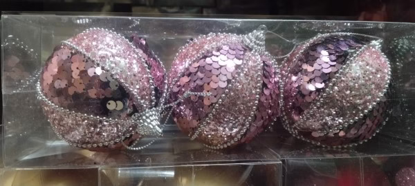 Bolas decoradas x3 8cm rosado con lentejuelas
